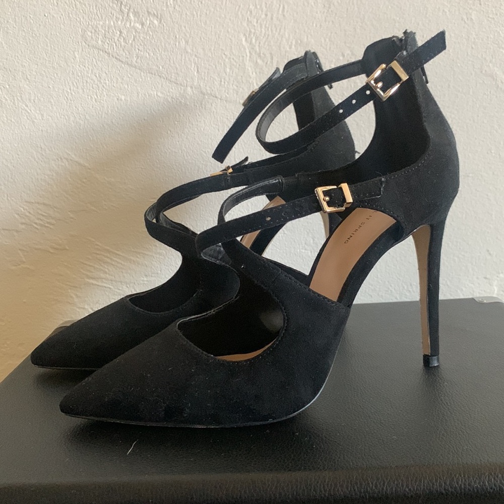Call It Spring Black Suede Strappy Heels Size 7